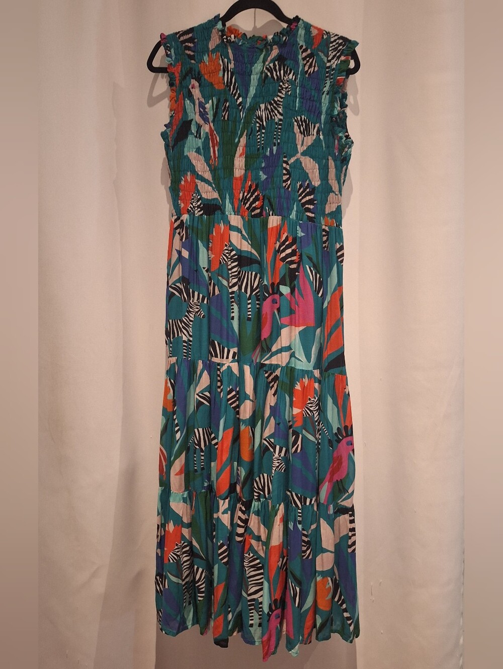 Oliphant Teal Tropical Zebra & Parrot Tiered Maxi Dress